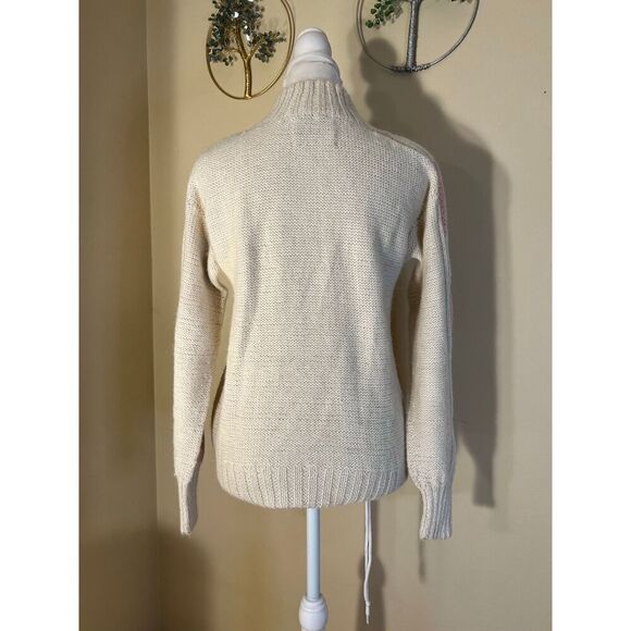 Vintage Nordstrom Cream Pink High Neck Cable Knit 100% Alpaca Wool Sweater Small - Picture 3 of 10